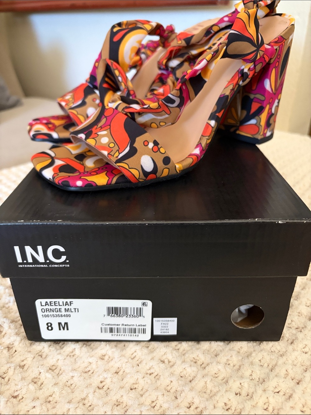 INC International Concepts Laeeliaf Orange Multi Knot Block Heel Sandals
